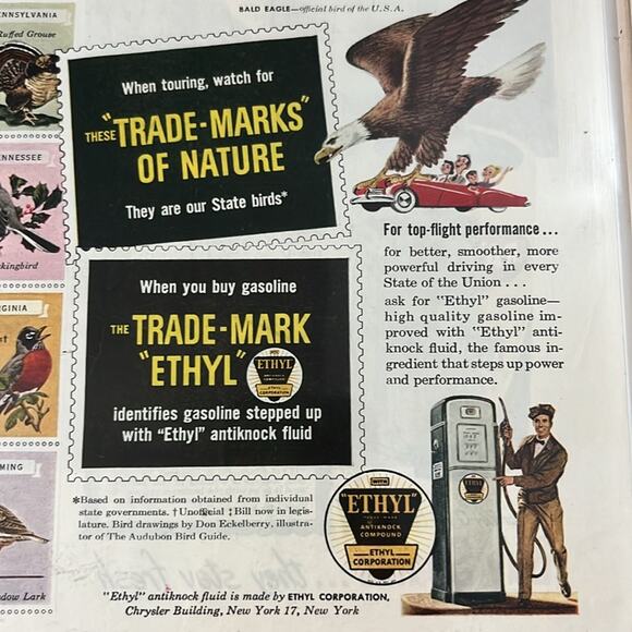 Vintage 1950? Saturday Evening Post Ethyl Gasoline Bird Stamp Advertisement - Picture 8 of 14